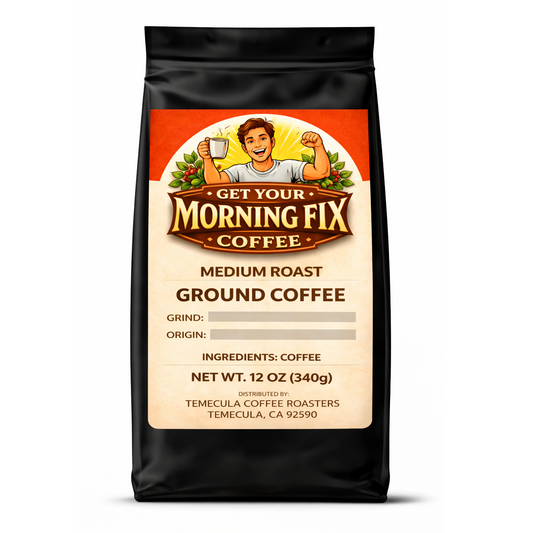 Morning Fix medium roast fresh roasted coffee with steaming cup and coffee beans.
