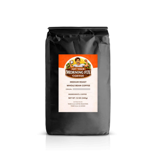 Morning Fix medium roast whole bean coffee 12 oz with fresh roasted coffee beans and brewed cup.