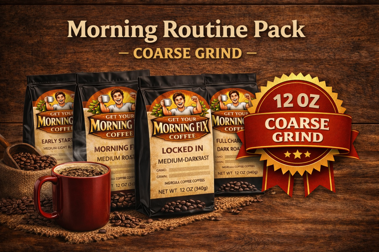 Morning Fix Coffee Morning Routine Pack coarse grind fresh roasted coffee with steaming cup and coffee beans.
