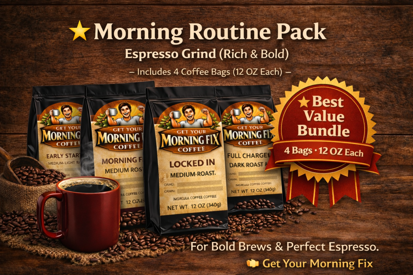 Morning Fix Coffee Morning Routine Pack espresso grind fresh roasted coffee with steaming cup and coffee beans