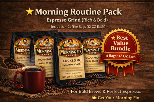 Morning Fix Coffee Morning Routine Pack espresso grind fresh roasted coffee with steaming cup and coffee beans