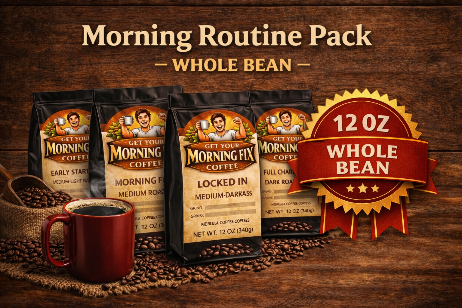 Morning Fix Coffee Morning Routine Pack whole bean fresh roasted coffee with steaming cup and coffee beans.