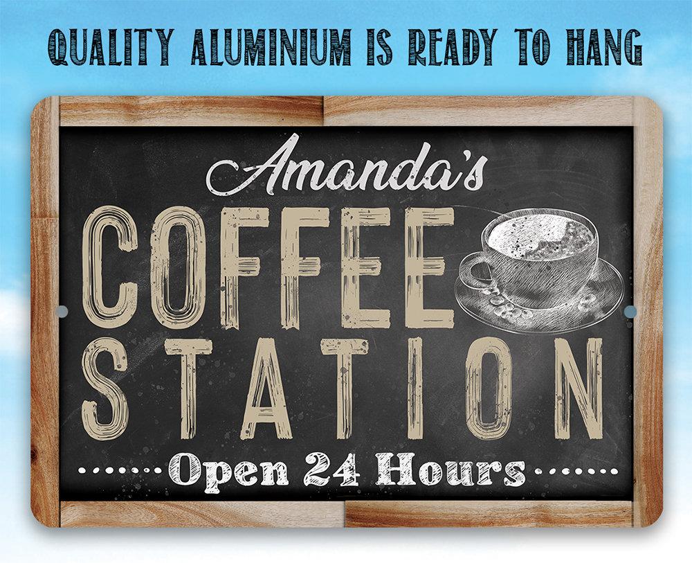 Personalized - Coffee Station Open 24 Hours (Chalkboard Look) - Metal Sign