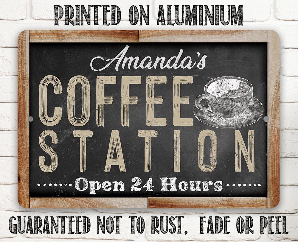 Personalized - Coffee Station Open 24 Hours (Chalkboard Look) - Metal Sign
