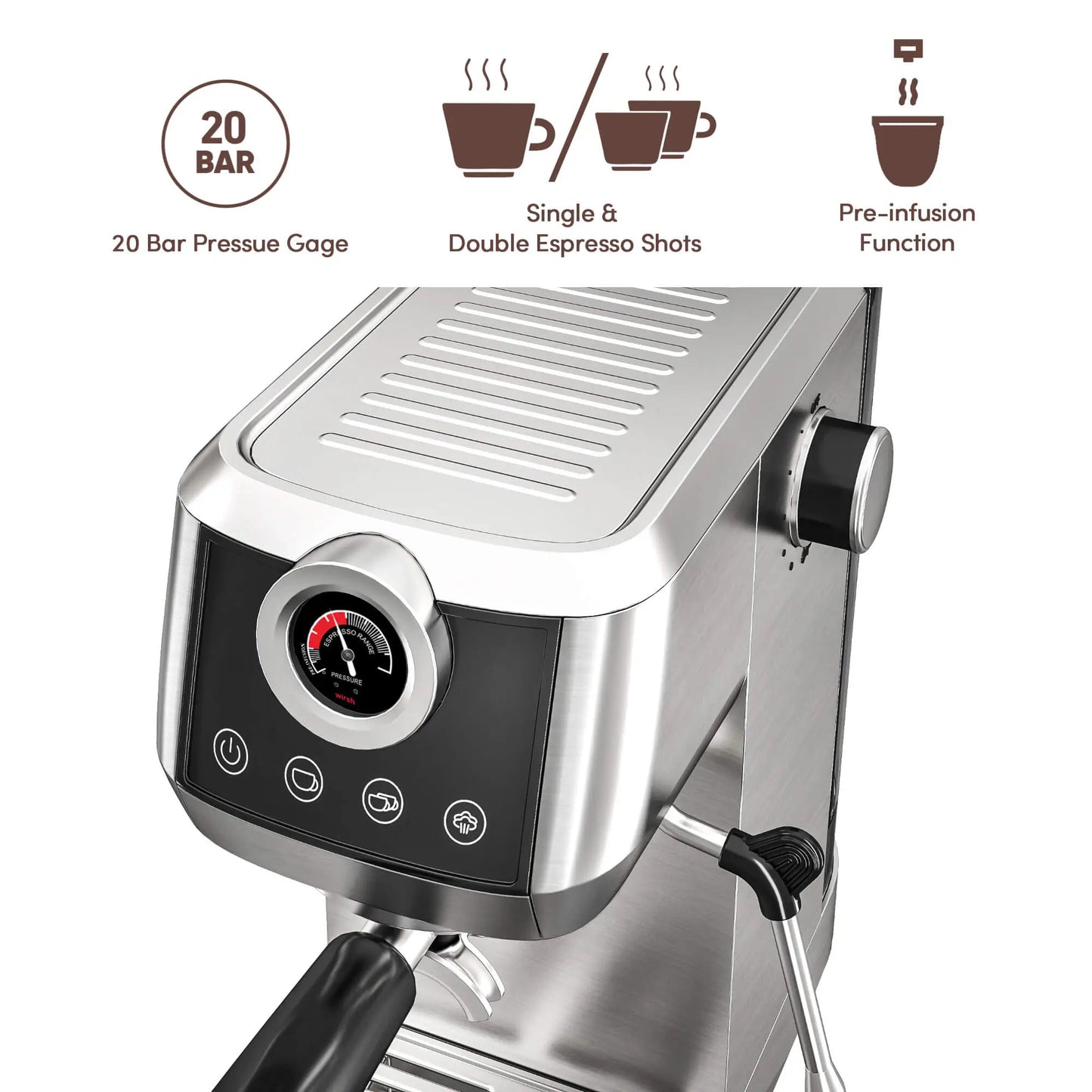 Wirsh 20 Bar Espresso Machine | Home Barista Plus with Pressure Gauge & Steam Wand